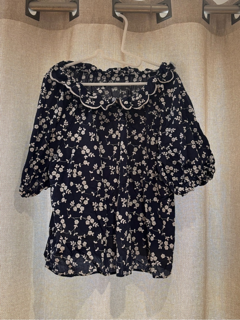 Ann Taylor Navy and White Floral Ruffle-Neck Blouse